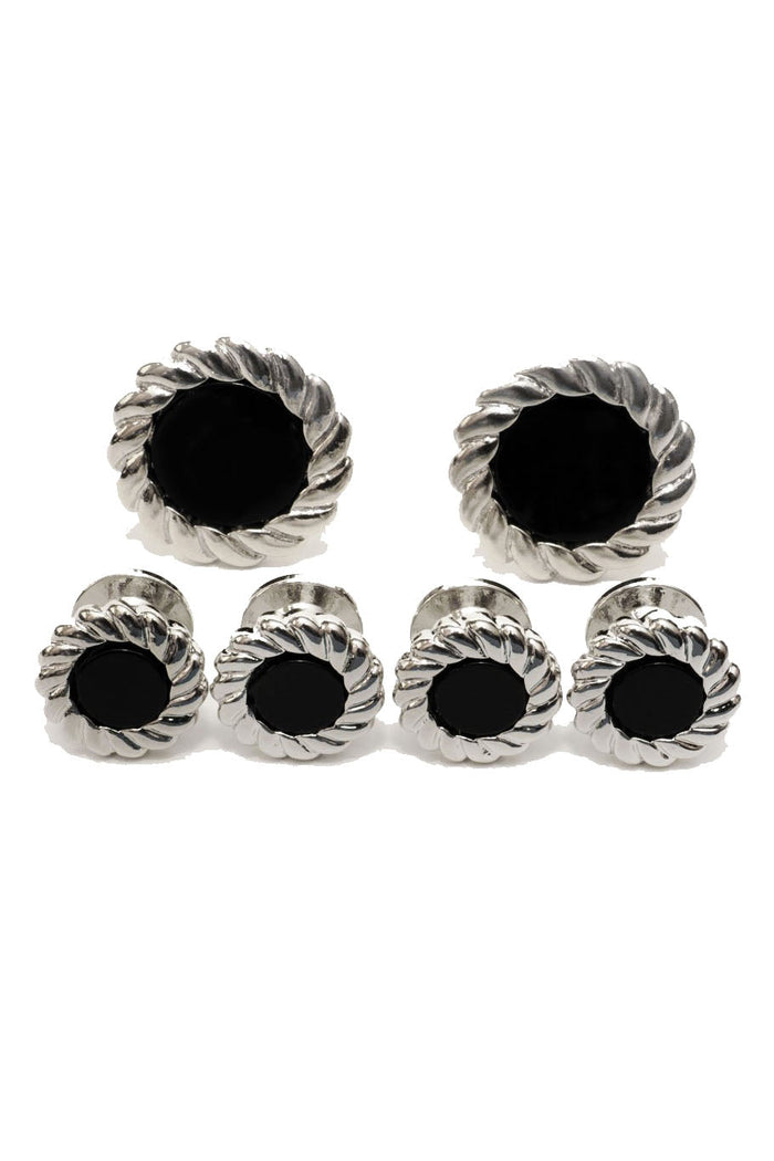 Black Onyx with Fluted Silver Trim Studs and Cufflinks Set by Cristoforo Cardi