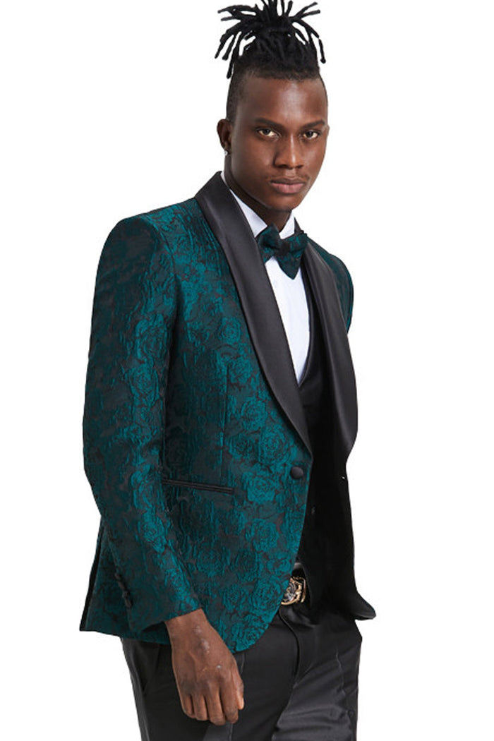 Hunter Green Men's Slim Fit Paisley Floral Prom Tuxedo with One Button Vest Green Prom Dress by Tazzio