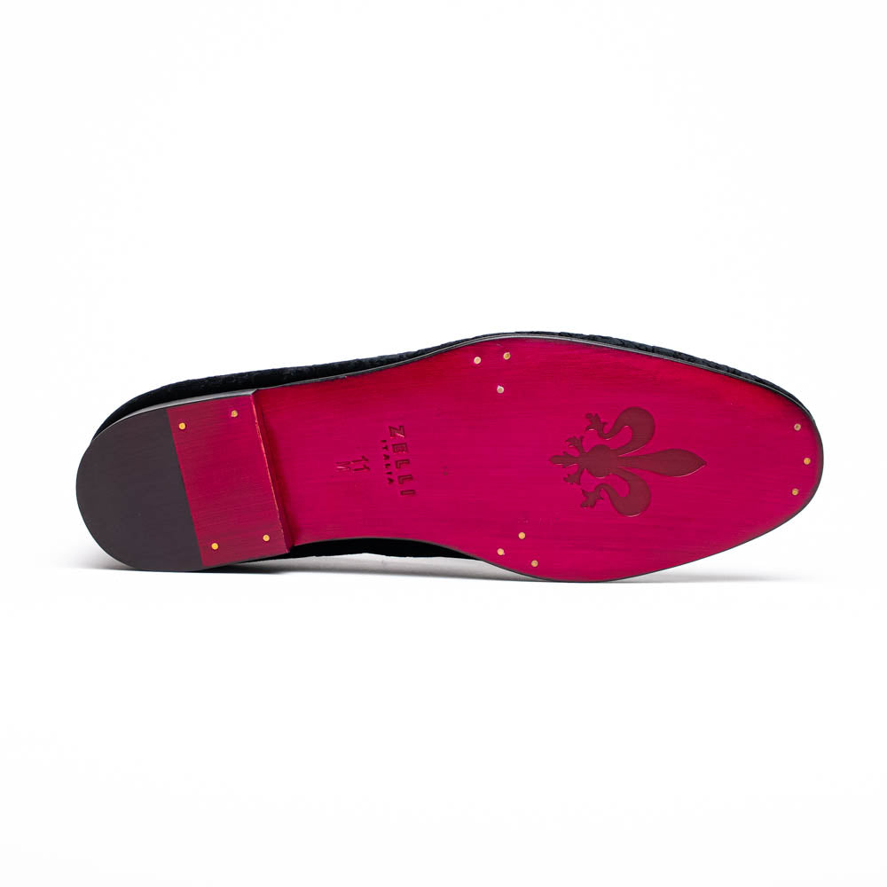 Zelli Formal II Black Velvet Loafer with Hand-Stitched Crocodile Vamp