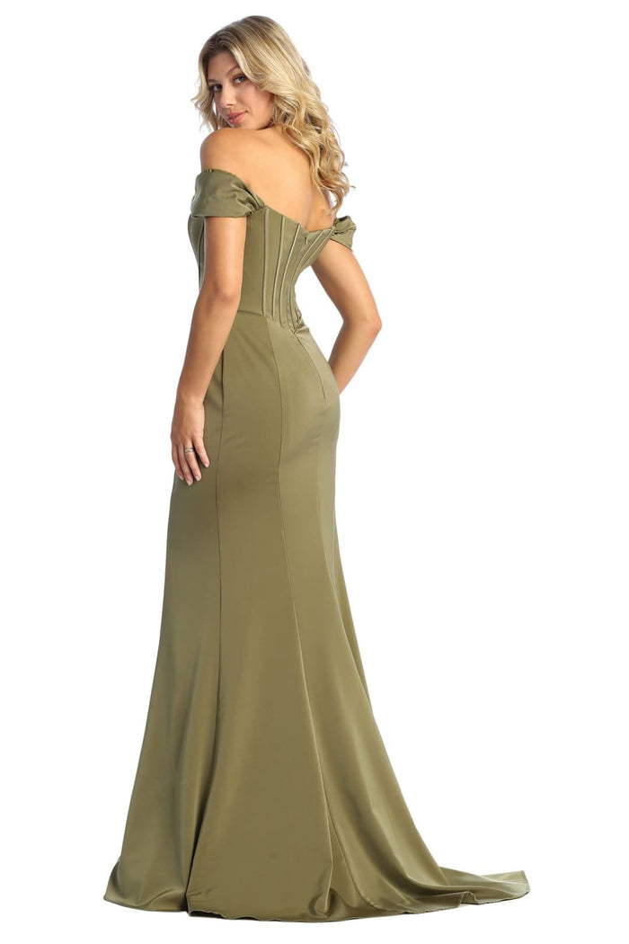 Off-Shoulder Corset Bodice Sheath Dress Long Evening Gown with Sweep Train by May Queen MQ1909