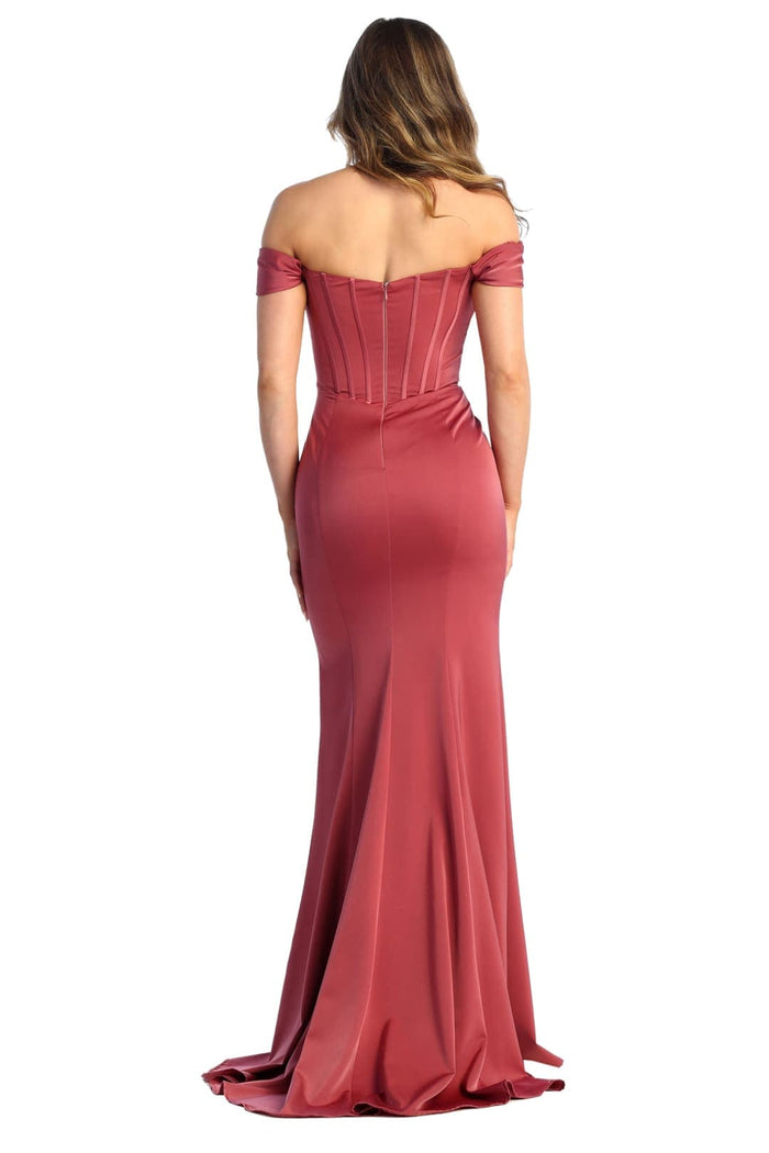 Off-Shoulder Corset Bodice Sheath Dress Long Evening Gown with Sweep Train by May Queen MQ1909