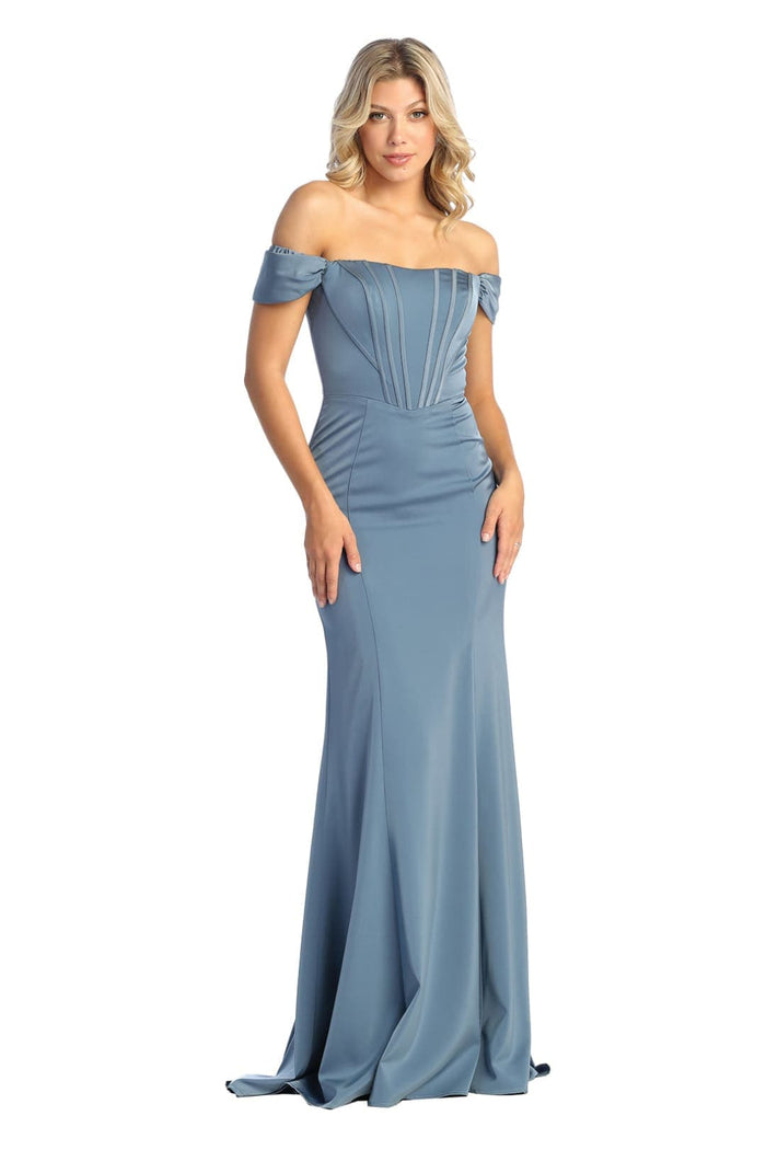 Off-Shoulder Corset Bodice Sheath Dress Long Evening Gown with Sweep Train by May Queen MQ1909