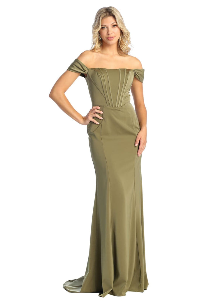 Off-Shoulder Corset Bodice Sheath Dress Long Evening Gown with Sweep Train by May Queen MQ1909
