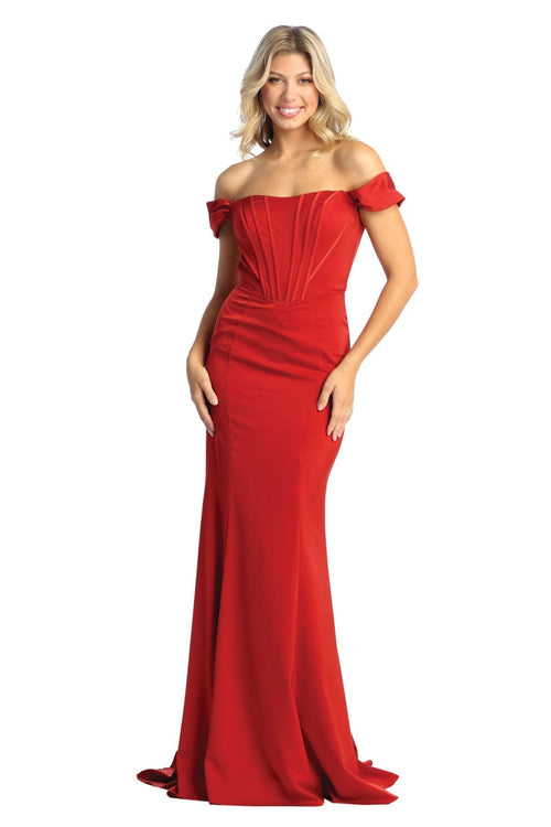 Off-Shoulder Corset Bodice Sheath Dress Long Evening Gown with Sweep Train by May Queen MQ1909