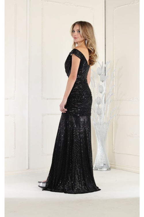 Sequin Cowl Neck Formal Prom Gown with Slit By Royal Queen RQ7950
