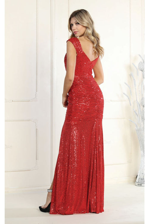 Sequin Cowl Neck Formal Prom Gown with Slit By Royal Queen RQ7950
