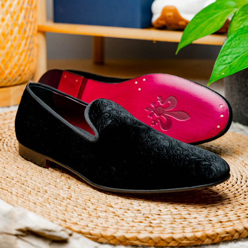 Zelli Formal II Black Velvet Loafer with Hand-Stitched Crocodile Vamp