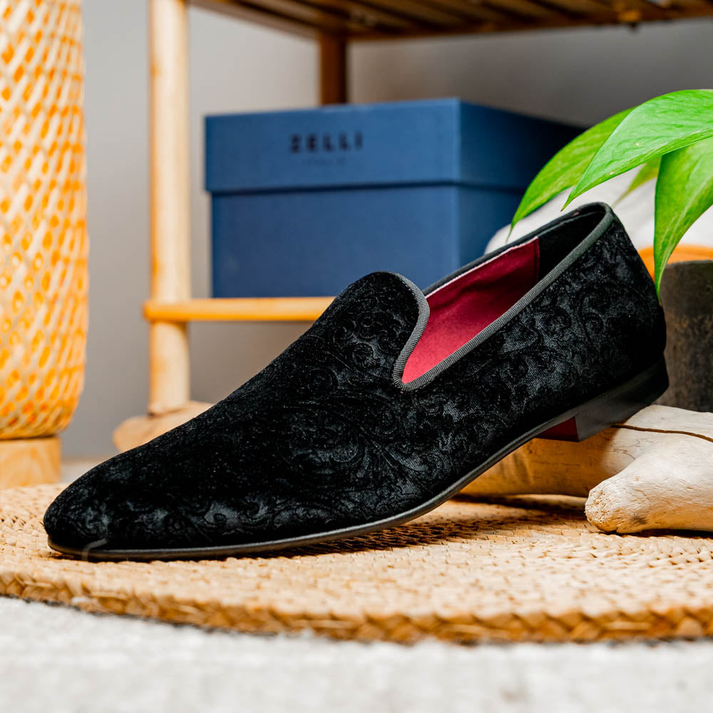 Zelli Formal II Black Velvet Loafer with Hand-Stitched Crocodile Vamp