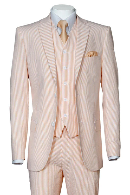 "Fortino Landi Peach Seersucker Vested 2-Button Summer Suit" - USA Men's Outlet
