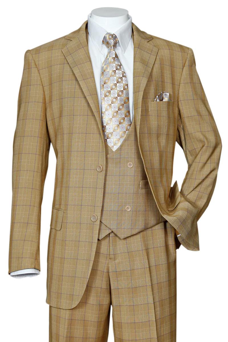 Fortino Landi Tan Windowpane Plaid Modern Fit Suit w/ Scooped Vest 40R ...
