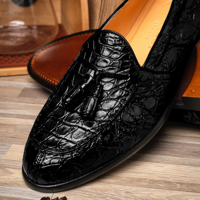 Zelli Franco Tassel Loafers in Genuine Caiman Crocodile - Black