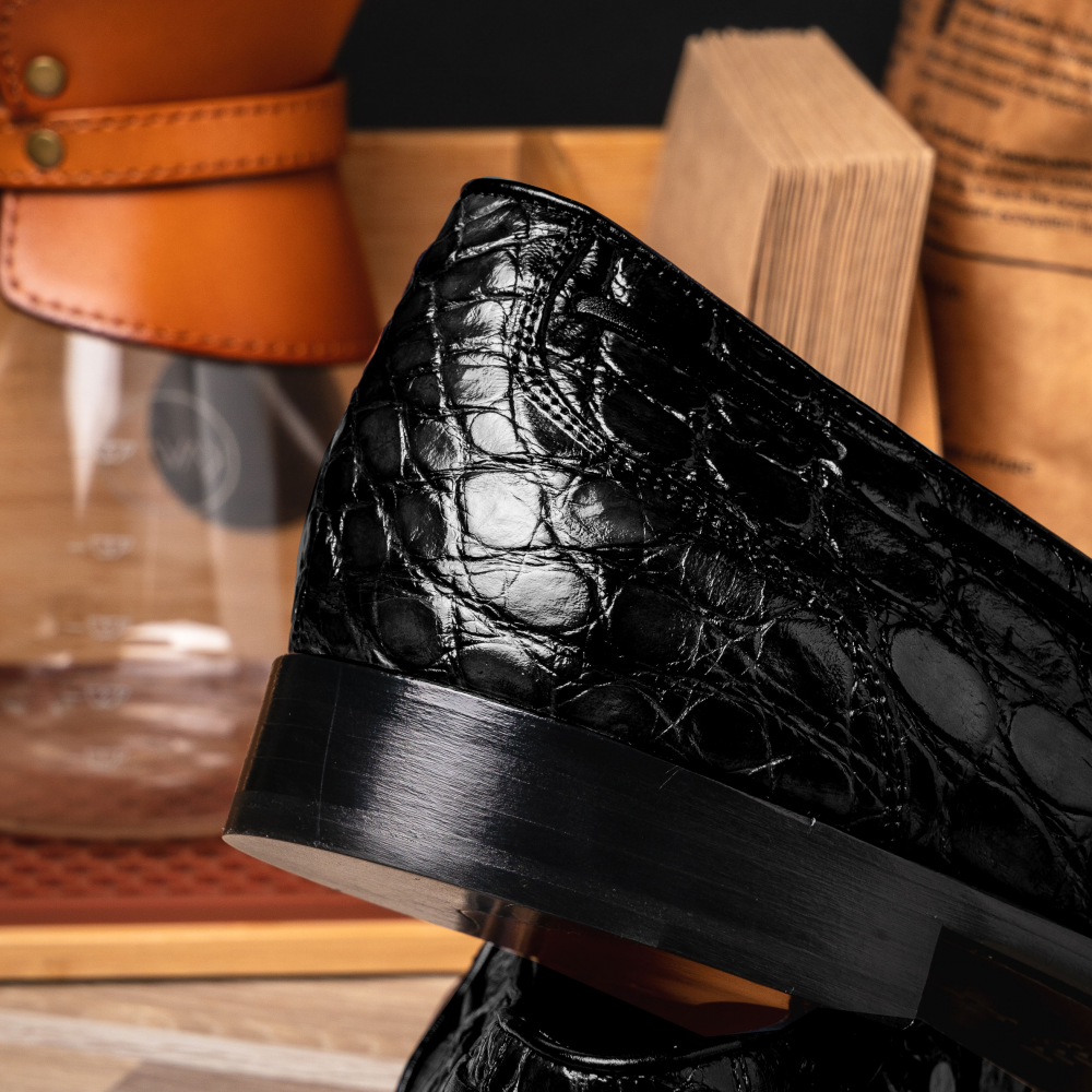 Zelli Franco Tassel Loafers in Genuine Caiman Crocodile - Black