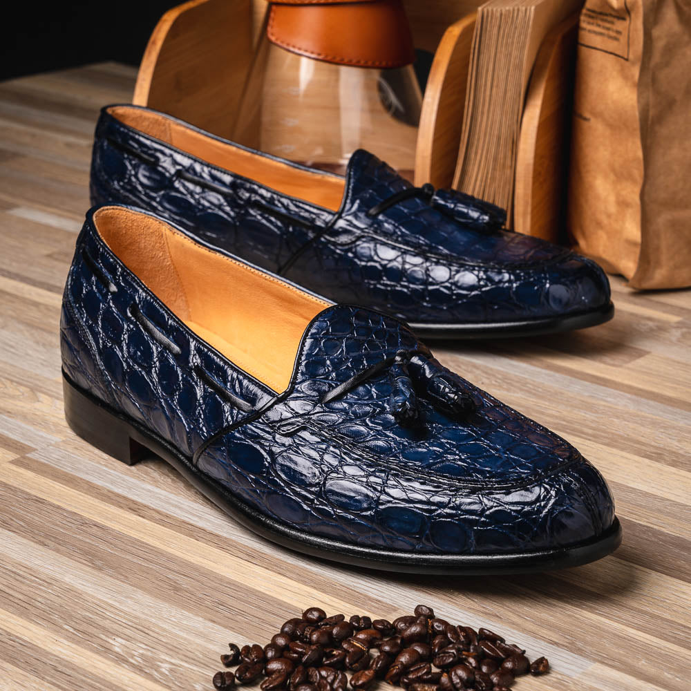 Zelli Franco Genuine Caiman Crocodile Tassel Loafers in Navy