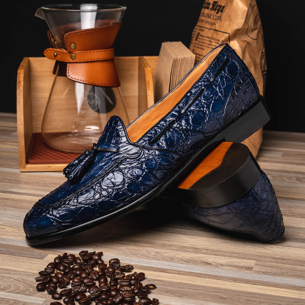Zelli Franco Genuine Caiman Crocodile Tassel Loafers in Navy