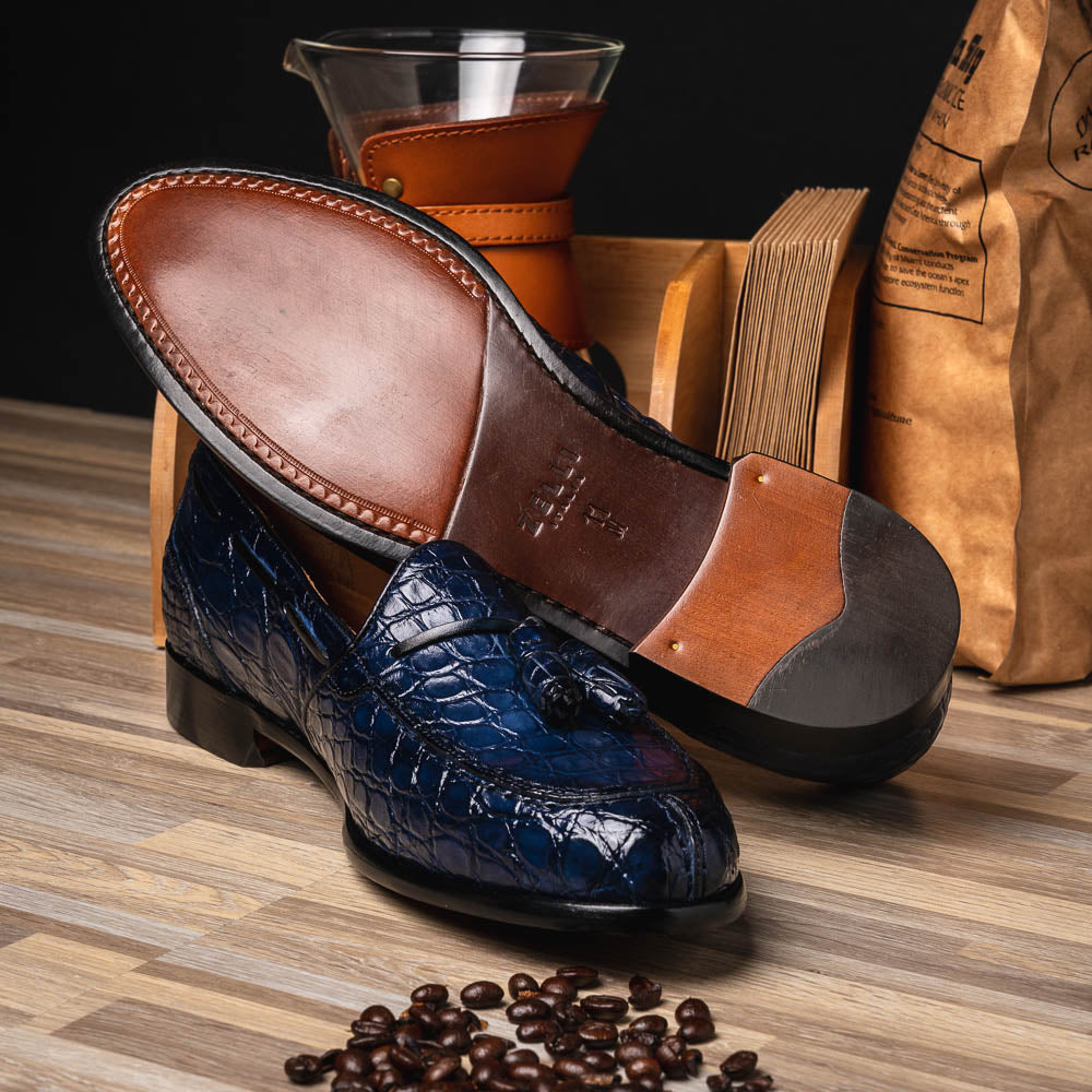 Zelli Franco Genuine Caiman Crocodile Tassel Loafers in Navy