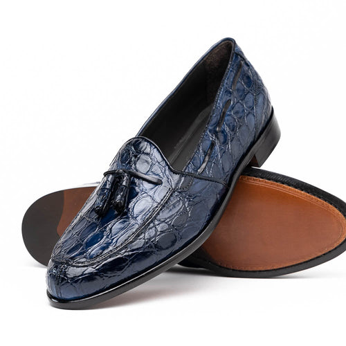 Zelli Franco Genuine Caiman Crocodile Tassel Loafers in Navy