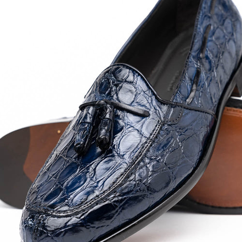 Zelli Franco Genuine Caiman Crocodile Tassel Loafers in Navy