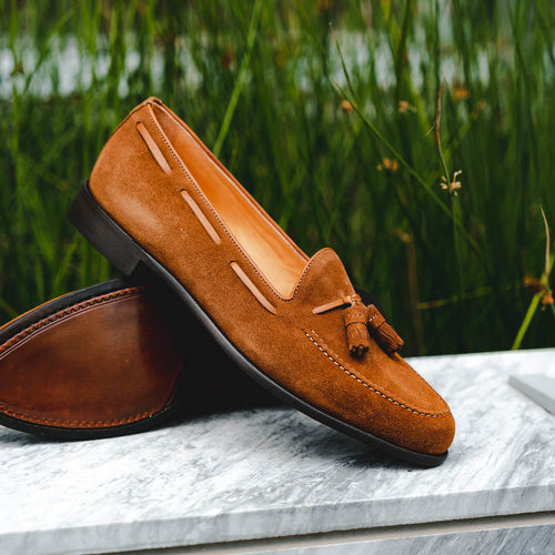 Zelli Franco Suede Tassel Loafers with Classic Apron Toe in Tobacco
