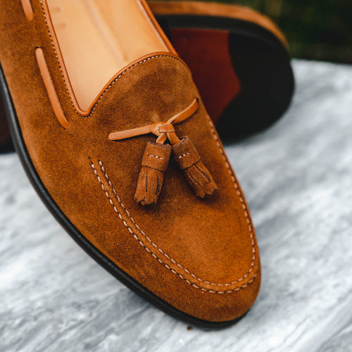 Zelli Franco Suede Tassel Loafers with Classic Apron Toe in Tobacco