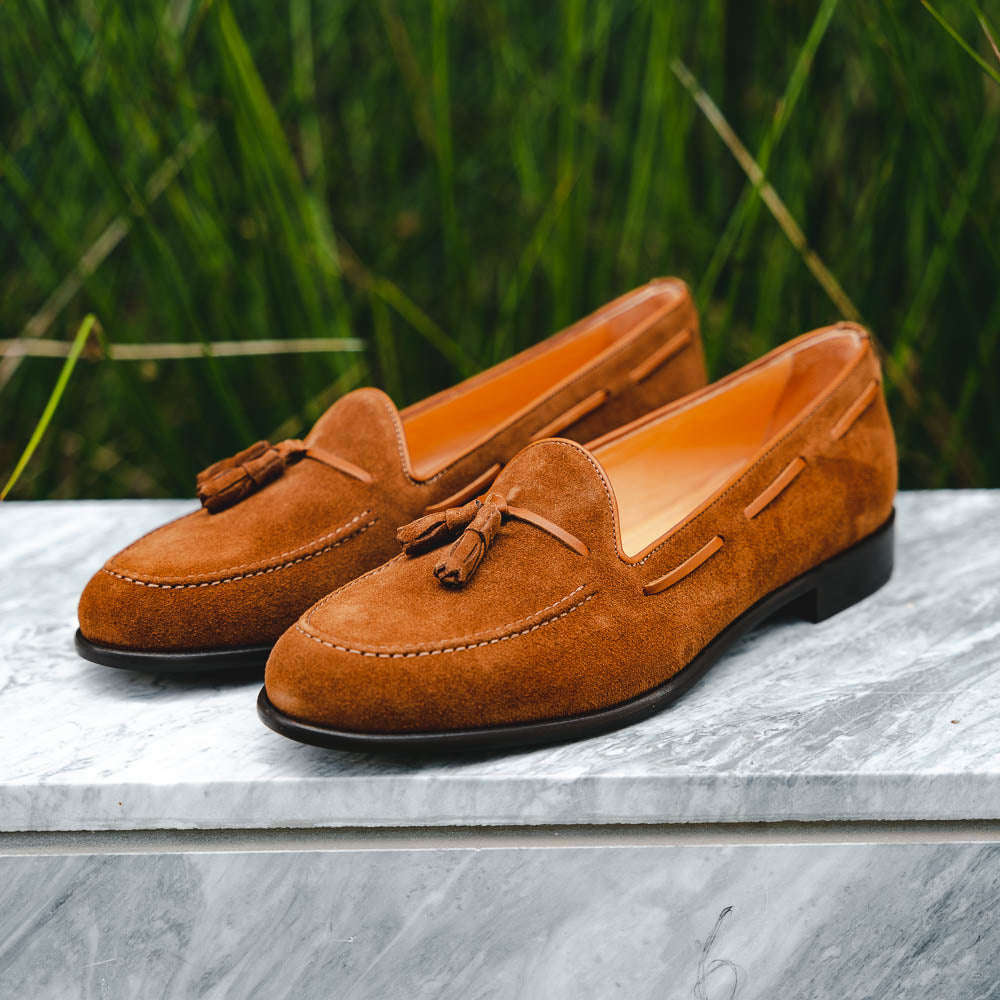 Zelli Franco Suede Tassel Loafers with Classic Apron Toe in Tobacco