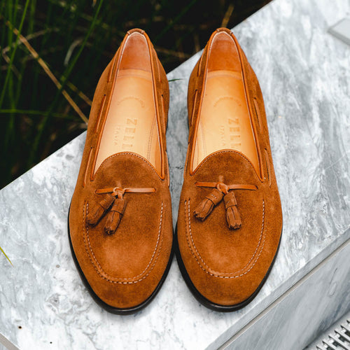 Zelli Franco Suede Tassel Loafers with Classic Apron Toe in Tobacco