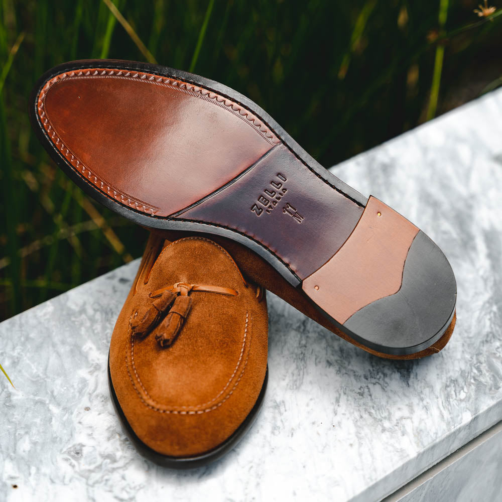 Zelli Franco Suede Tassel Loafers with Classic Apron Toe in Tobacco