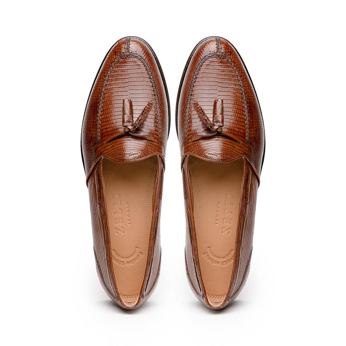 Zelli Franco Cognac Lizard Tassel Loafer with Classic Apron Toe
