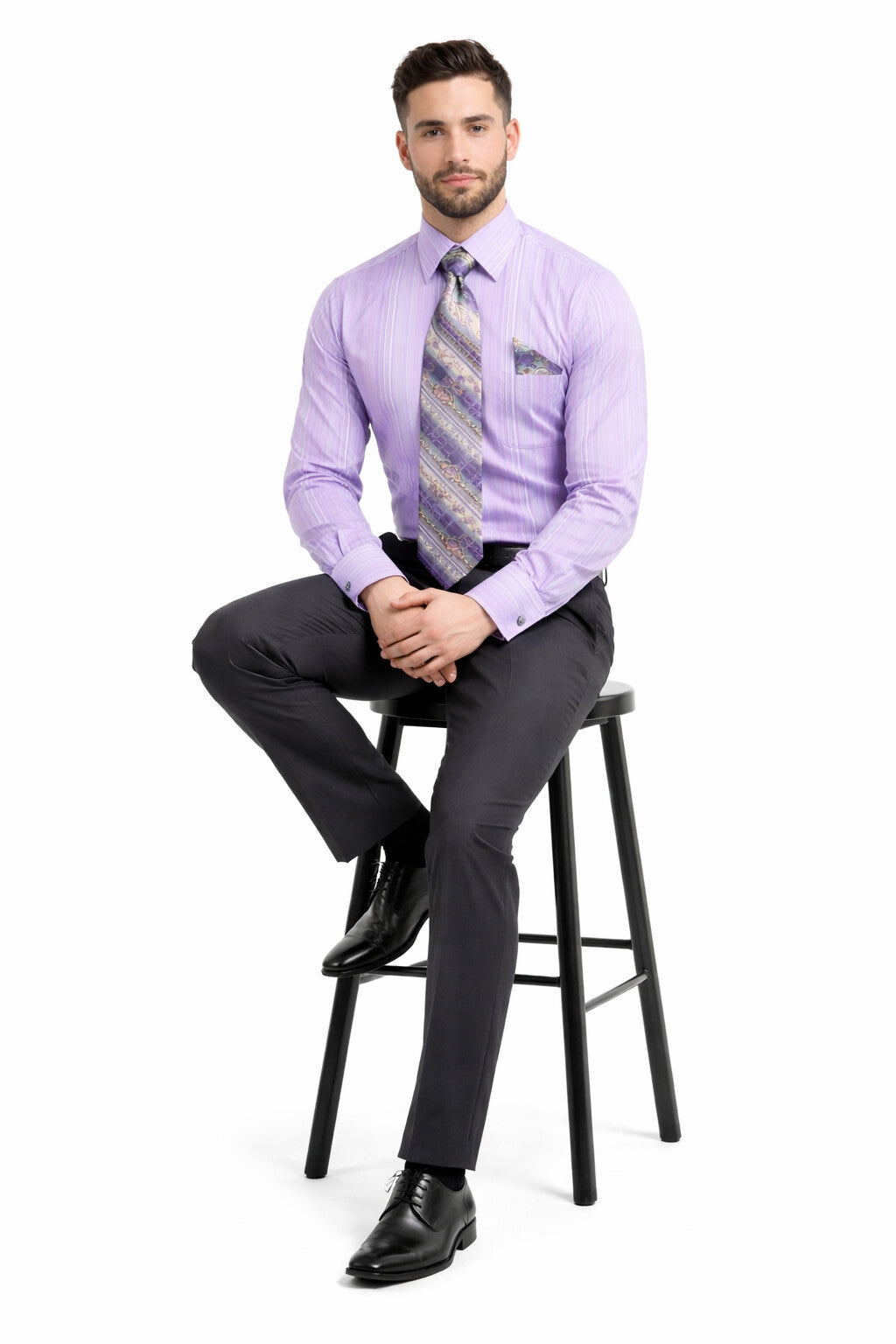 Daniel Ellissa Men's Lavender Tonal Stripe Dress Shirt, Tie & Hanky Set