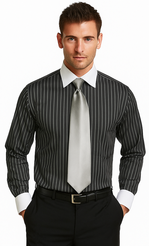 French Cuff Stylish Striped Formal Spread Collar Set Style White Collar Two Toned Contrast Multi-Color Men's Dress Shirt