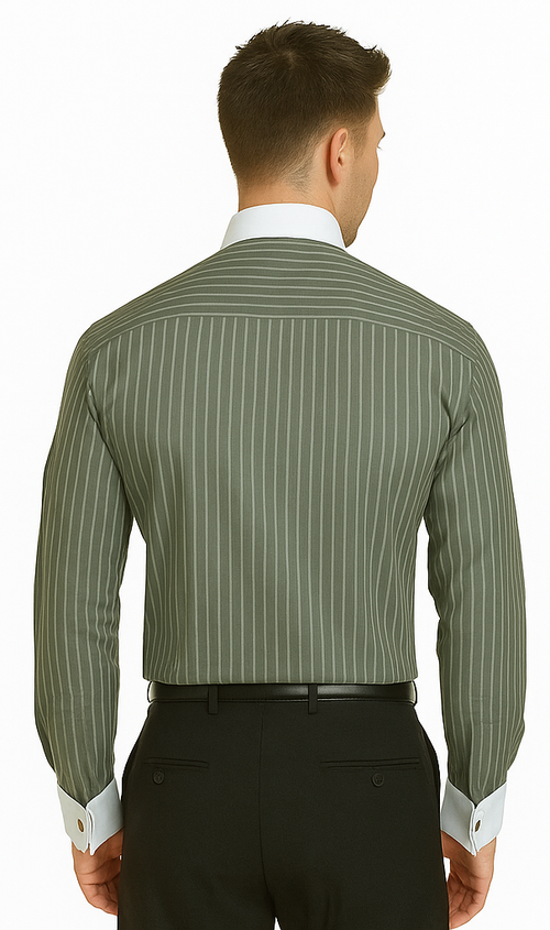 French Cuff Stylish Striped Formal Spread Collar Set Style White Collar Two Toned Contrast Multi-Color Men's Dress Shirt