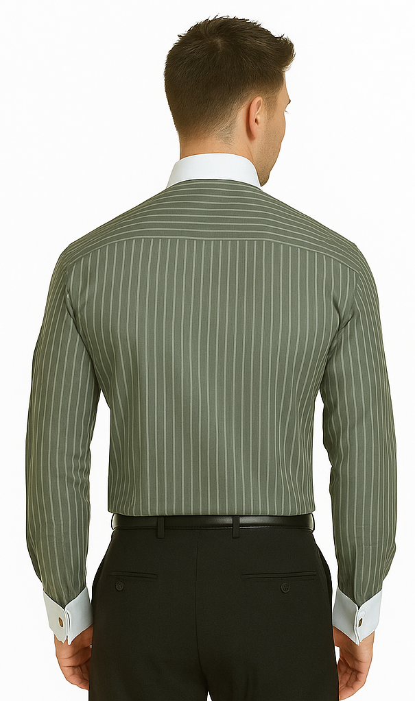 French Cuff Stylish Striped Formal Spread Collar Set Style White Collar Two Toned Contrast Multi-Color Men's Dress Shirt