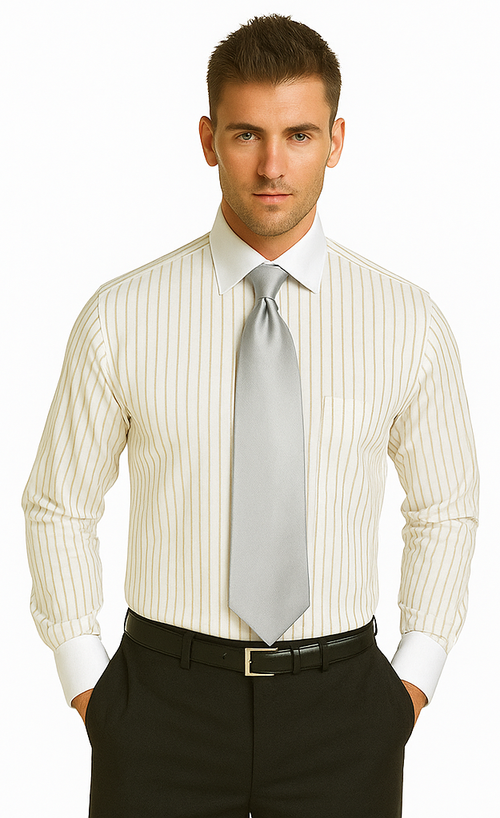 French Cuff Stylish Striped Formal Spread Collar Set Style White Collar Two Toned Contrast Multi-Color Men's Dress Shirt