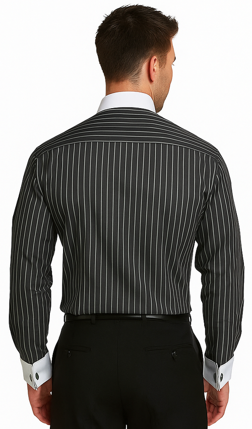 French Cuff Stylish Striped Formal Spread Collar Set Style White Collar Two Toned Contrast Multi-Color Men's Dress Shirt