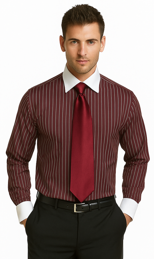 French Cuff Stylish Striped Formal Spread Collar Set Style White Collar Two Toned Contrast Multi-Color Men's Dress Shirt