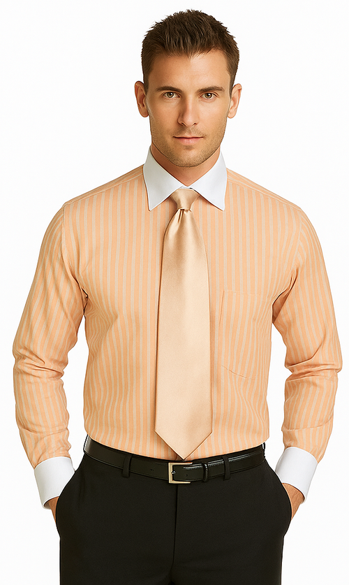 French Cuff Stylish Striped Formal Spread Collar Set Style White Collar Two Toned Contrast Multi-Color Men's Dress Shirt