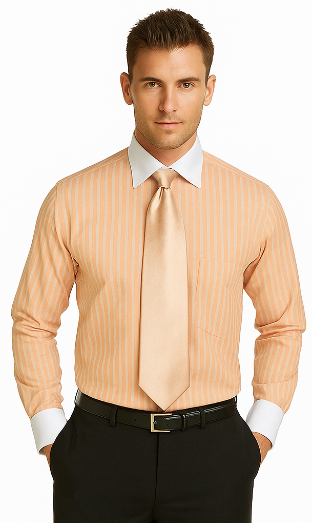 French Cuff Stylish Striped Formal Spread Collar Set Style White Collar Two Toned Contrast Multi-Color Men's Dress Shirt