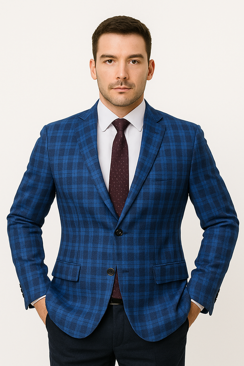Royal and Navy Plaid Slim Fit Blazer