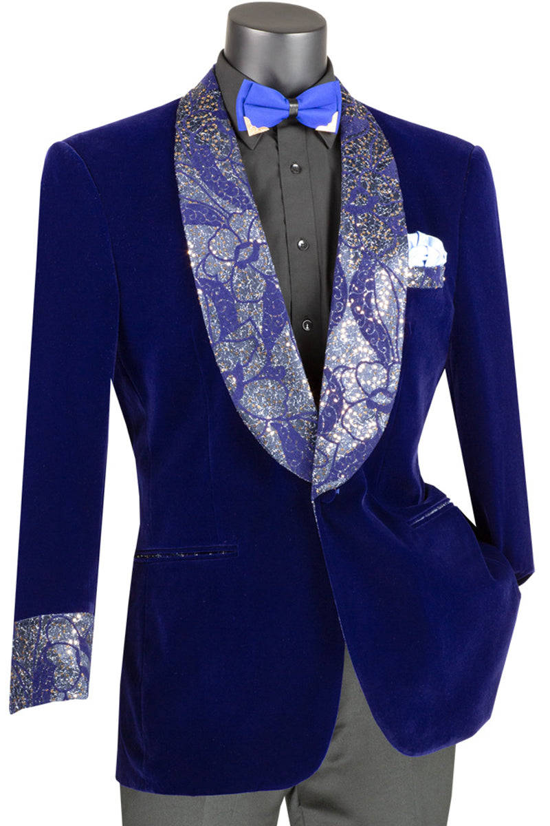 Men's Velvet Prom Smoking Jacket in Royal Blue with Paisley Glitter Lapel