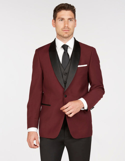 Maroon Prom Suit - Maroon Prom Tuxedo Suits - Maroon Wedding Tuxedo Mens Vested One Button Shawl Lapel Prom Tuxedo in Burgundy