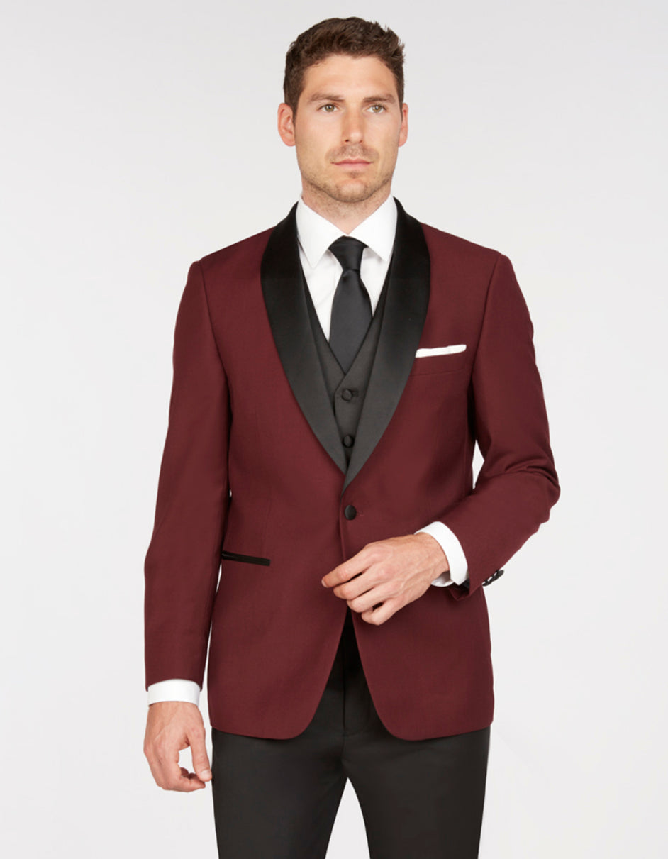 Maroon Prom Suit - Maroon Prom Tuxedo Suits - Maroon Wedding Tuxedo Mens Vested One Button Shawl Lapel Prom Tuxedo in Burgundy