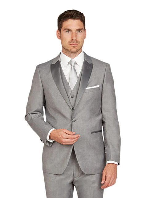 Gray Prom Suit - Mens Vested One Button Peak Lapel Tuxedo in Light Grey