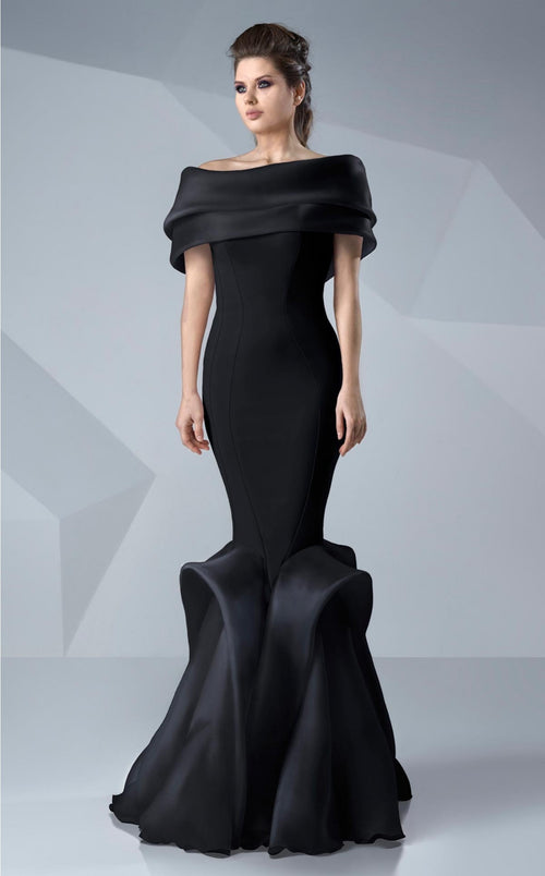 Gaby Charbachy G0620 Off-Shoulder Ruffled Evening Gown in Black by MNM Couture
