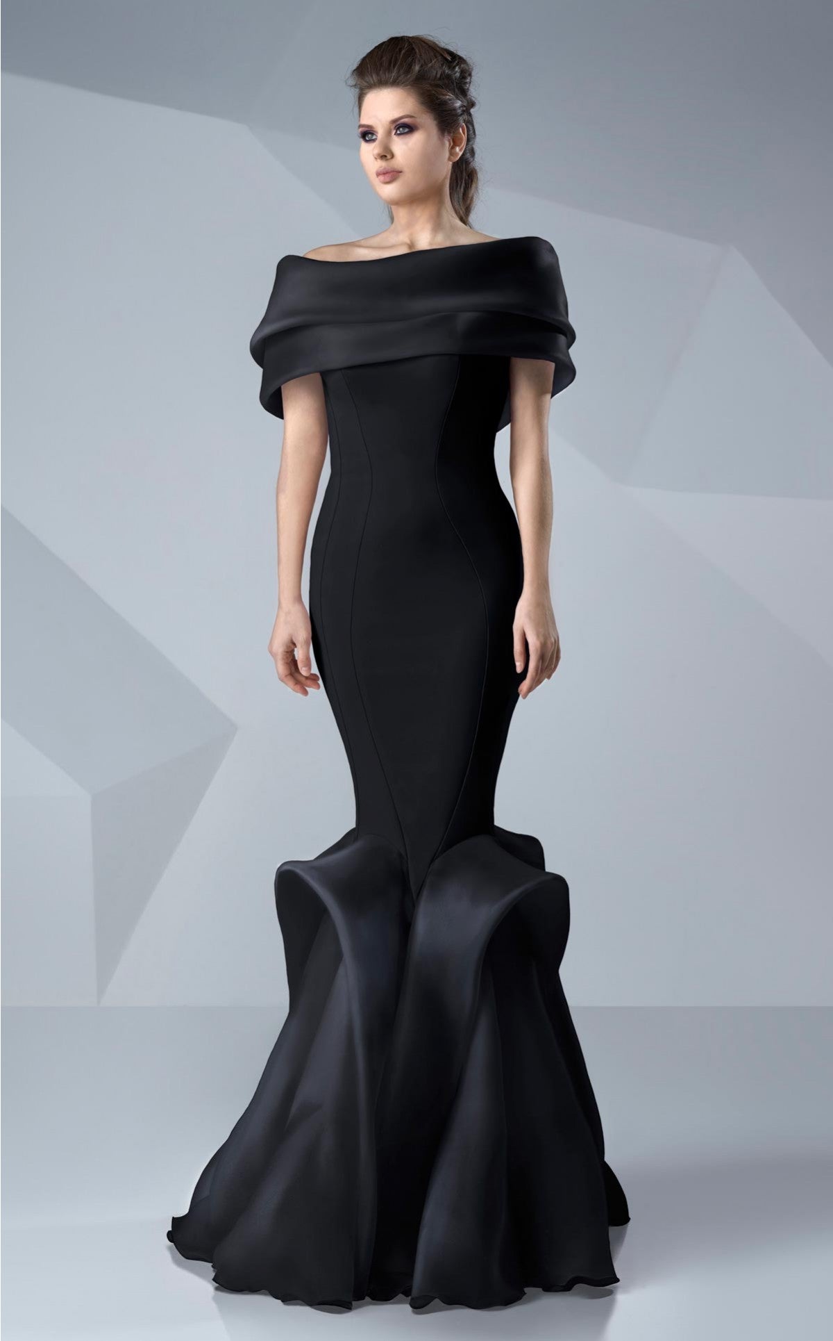 Gaby Charbachy G0620 Off-Shoulder Ruffled Evening Gown in Black by MNM Couture