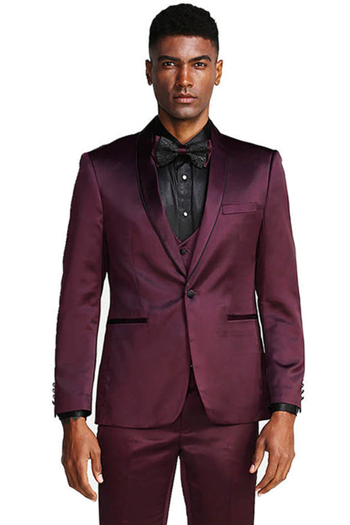 Burgundy Men's Slim Fit Vested Satin Tuxedo Suit for Prom & Wedding by Tazzio