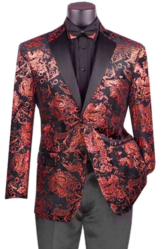 Mens Paisley Velvet Foil Smoking Jacket Tuxedo in Red by USA Men's Outlet