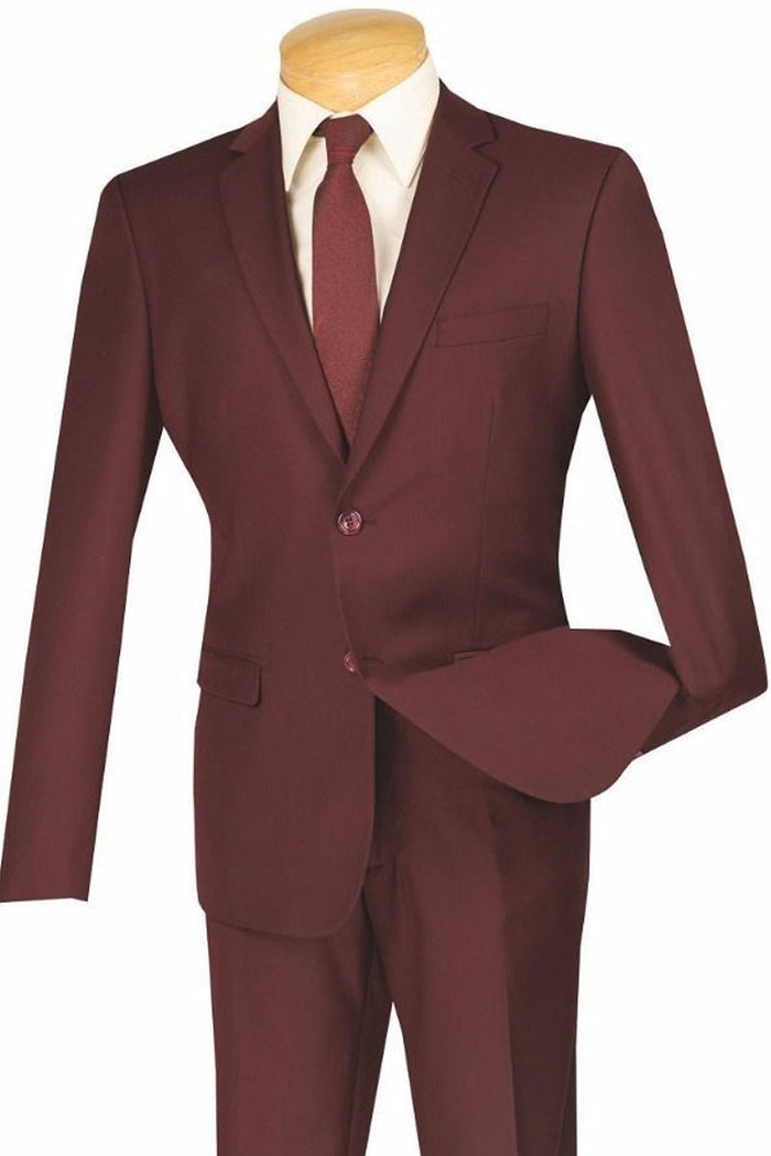 Mens Shiny Sharkskin Mandarin Collar Suit with Trim in Burgundy by Vinci
