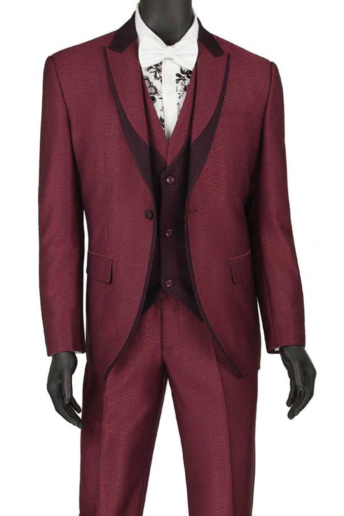 Mens 1 Button Contrast Peak Lapel Double Breasted Vest Tuxedo Suit in Silver by Vinci