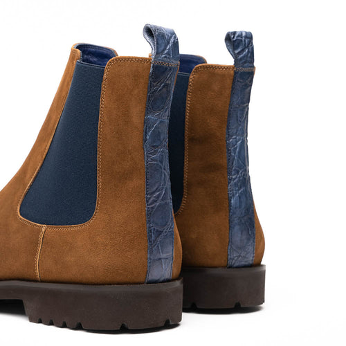 Zelli Gianna Suede Chelsea Boots in Cognac with Flexible Navy Goring