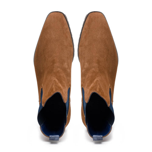 Zelli Gianna Suede Chelsea Boots in Cognac with Flexible Navy Goring