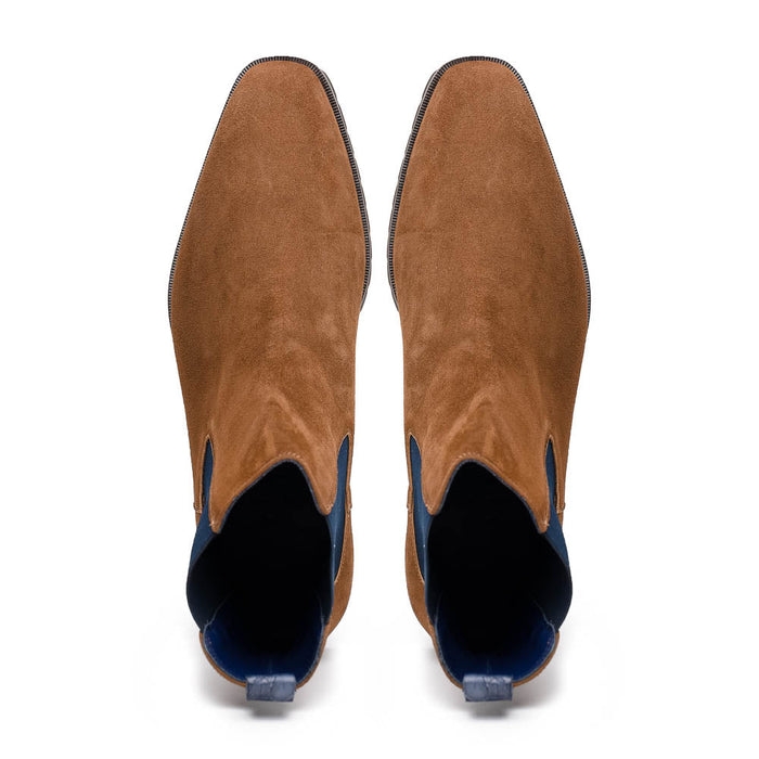 Zelli Gianna Suede Chelsea Boots in Cognac with Flexible Navy Goring